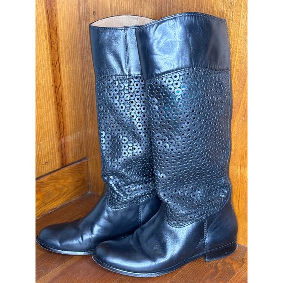 Corso Como Boots Womens Size 9.5 Unique Black Circle Pattern Pull On Knee High - Picture 1 of 11